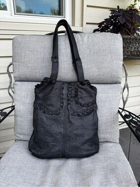 Lucky Brand Black Leather Ruffle-Trim Shoulder Bag